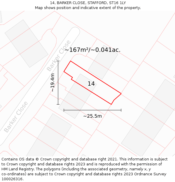 14, BARKER CLOSE, STAFFORD, ST16 1LY: Plot and title map