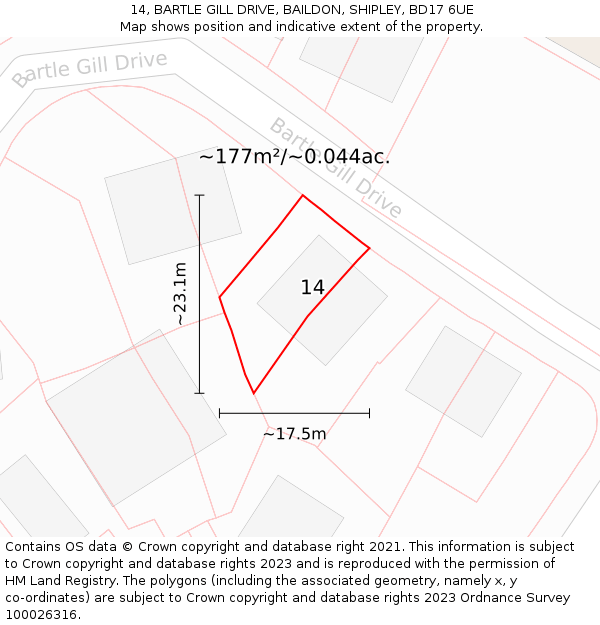 14, BARTLE GILL DRIVE, BAILDON, SHIPLEY, BD17 6UE: Plot and title map
