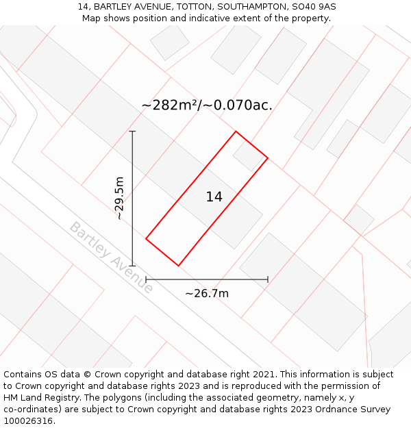 14, BARTLEY AVENUE, TOTTON, SOUTHAMPTON, SO40 9AS: Plot and title map