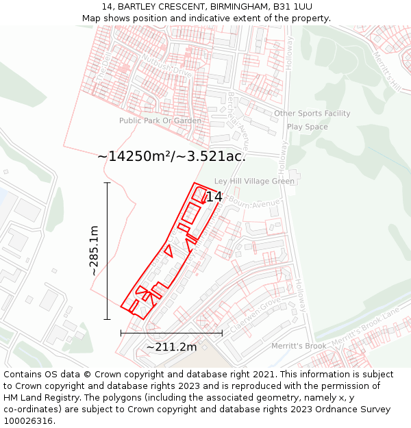 14, BARTLEY CRESCENT, BIRMINGHAM, B31 1UU: Plot and title map