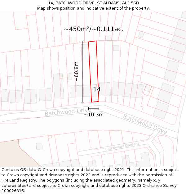 14, BATCHWOOD DRIVE, ST ALBANS, AL3 5SB: Plot and title map