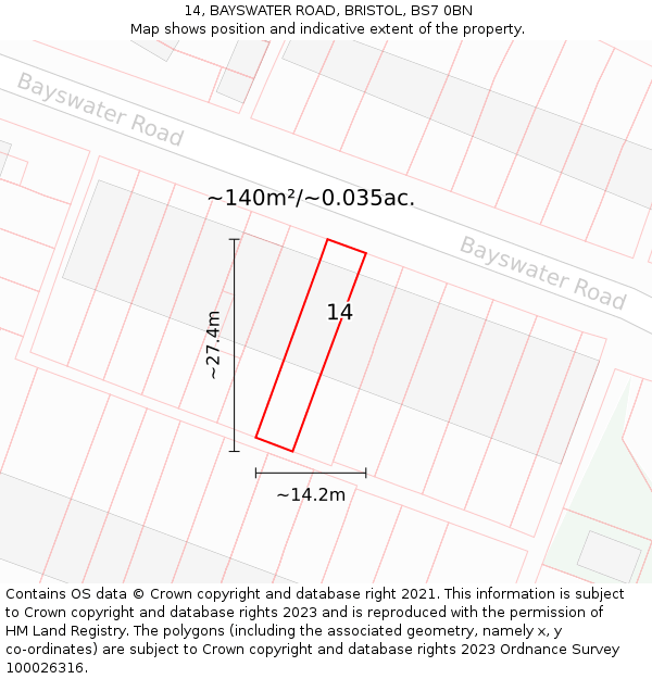 14, BAYSWATER ROAD, BRISTOL, BS7 0BN: Plot and title map
