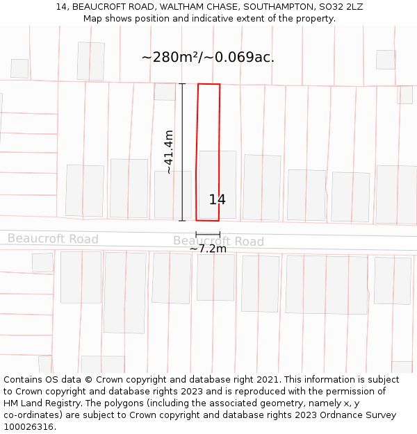 14, BEAUCROFT ROAD, WALTHAM CHASE, SOUTHAMPTON, SO32 2LZ: Plot and title map