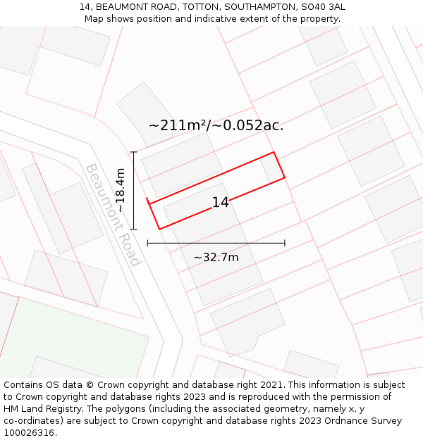 14, BEAUMONT ROAD, TOTTON, SOUTHAMPTON, SO40 3AL: Plot and title map