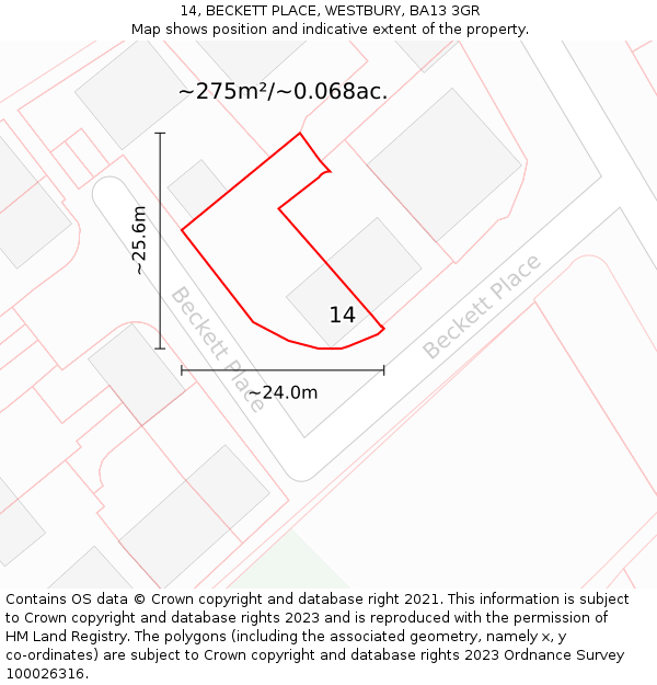 14, BECKETT PLACE, WESTBURY, BA13 3GR: Plot and title map