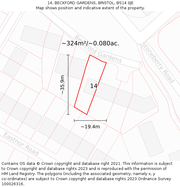 14, BECKFORD GARDENS, BRISTOL, BS14 0JE: Plot and title map