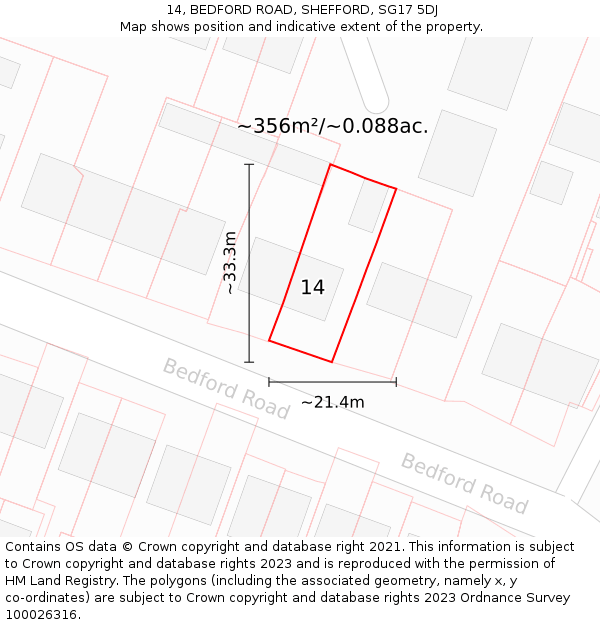 14, BEDFORD ROAD, SHEFFORD, SG17 5DJ: Plot and title map