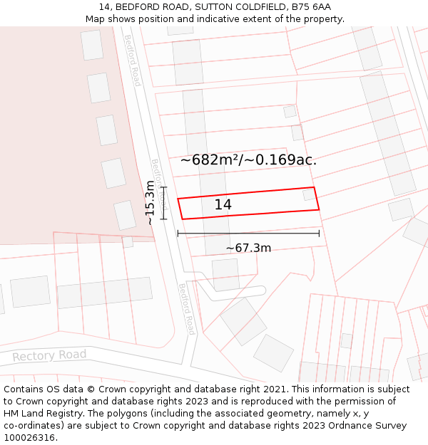 14, BEDFORD ROAD, SUTTON COLDFIELD, B75 6AA: Plot and title map