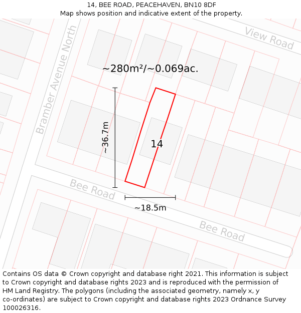 14, BEE ROAD, PEACEHAVEN, BN10 8DF: Plot and title map