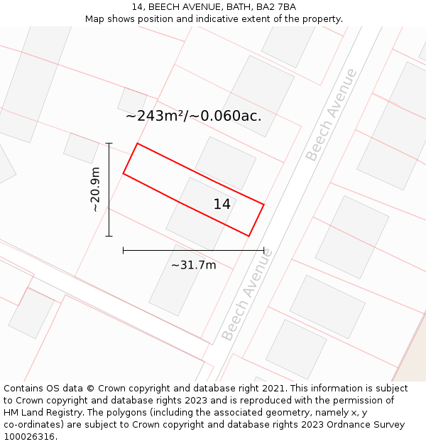 14, BEECH AVENUE, BATH, BA2 7BA: Plot and title map