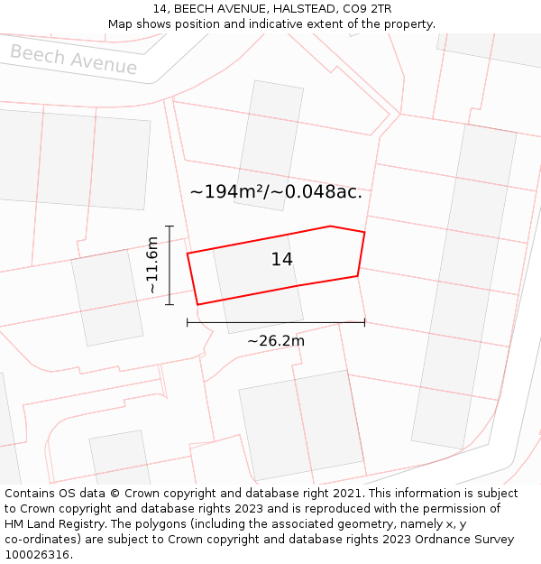 14, BEECH AVENUE, HALSTEAD, CO9 2TR: Plot and title map