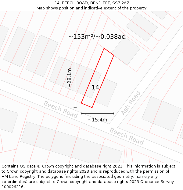 14, BEECH ROAD, BENFLEET, SS7 2AZ: Plot and title map