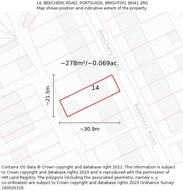 14, BEECHERS ROAD, PORTSLADE, BRIGHTON, BN41 2RG: Plot and title map