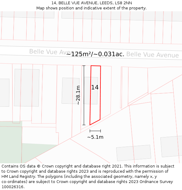 14, BELLE VUE AVENUE, LEEDS, LS8 2NN: Plot and title map