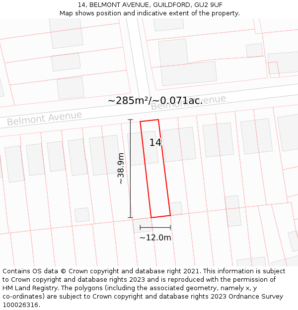 14, BELMONT AVENUE, GUILDFORD, GU2 9UF: Plot and title map