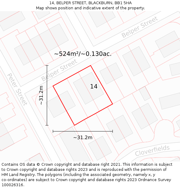 14, BELPER STREET, BLACKBURN, BB1 5HA: Plot and title map