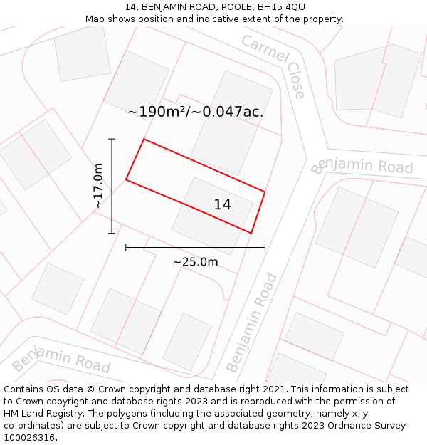 14, BENJAMIN ROAD, POOLE, BH15 4QU: Plot and title map