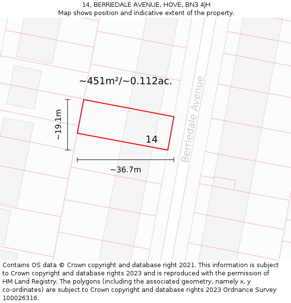 14, BERRIEDALE AVENUE, HOVE, BN3 4JH: Plot and title map