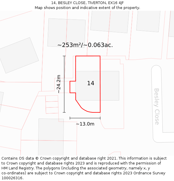 14, BESLEY CLOSE, TIVERTON, EX16 4JF: Plot and title map