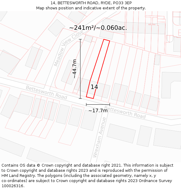 14, BETTESWORTH ROAD, RYDE, PO33 3EP: Plot and title map