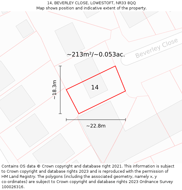 14, BEVERLEY CLOSE, LOWESTOFT, NR33 8QQ: Plot and title map