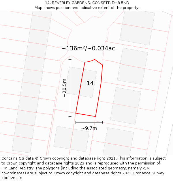 14, BEVERLEY GARDENS, CONSETT, DH8 5ND: Plot and title map