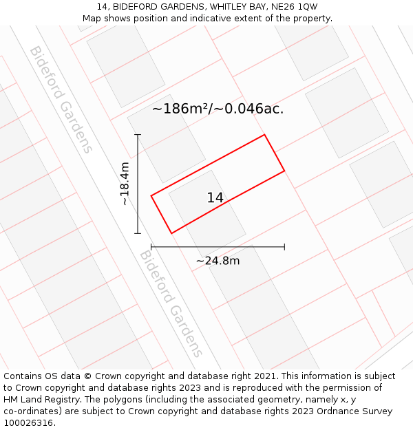 14, BIDEFORD GARDENS, WHITLEY BAY, NE26 1QW: Plot and title map