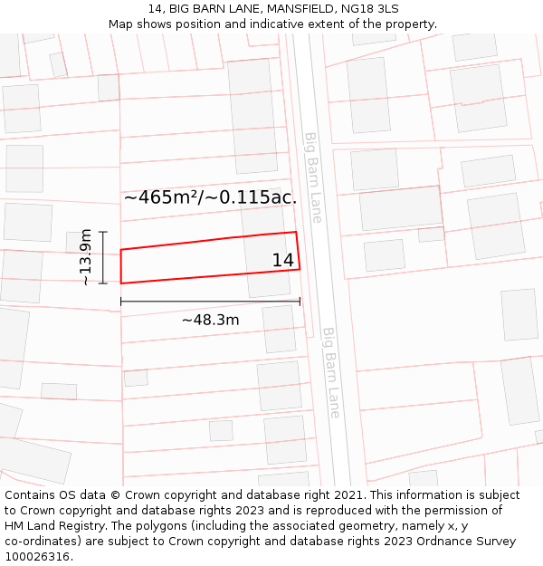 14, BIG BARN LANE, MANSFIELD, NG18 3LS: Plot and title map