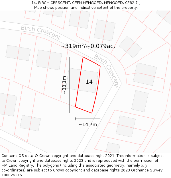 14, BIRCH CRESCENT, CEFN HENGOED, HENGOED, CF82 7LJ: Plot and title map