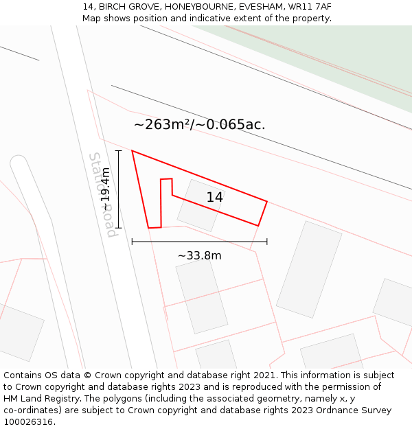 14, BIRCH GROVE, HONEYBOURNE, EVESHAM, WR11 7AF: Plot and title map