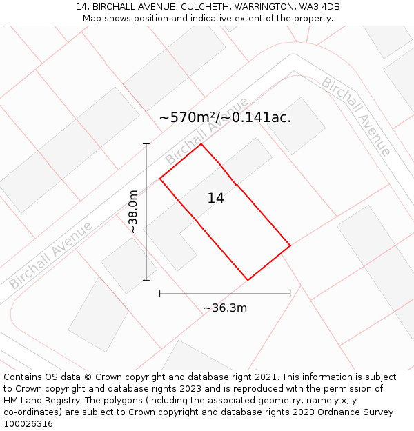 14, BIRCHALL AVENUE, CULCHETH, WARRINGTON, WA3 4DB: Plot and title map