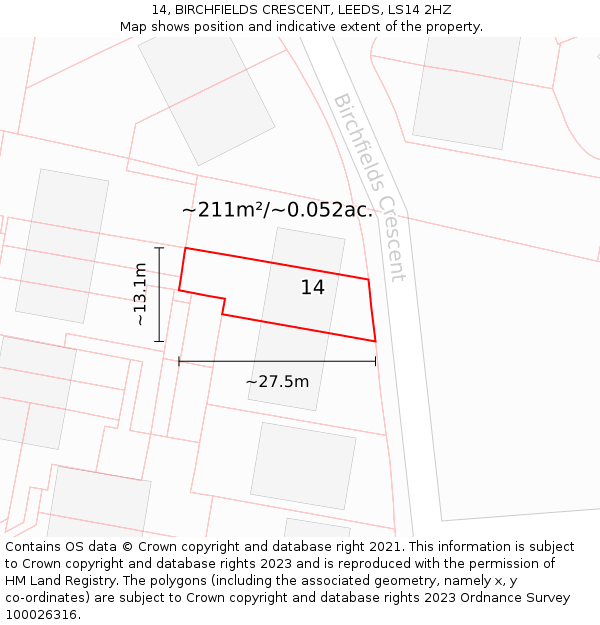 14, BIRCHFIELDS CRESCENT, LEEDS, LS14 2HZ: Plot and title map