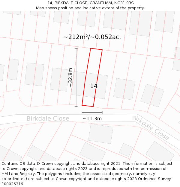 14, BIRKDALE CLOSE, GRANTHAM, NG31 9RS: Plot and title map