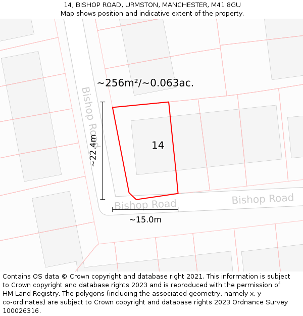 14, BISHOP ROAD, URMSTON, MANCHESTER, M41 8GU: Plot and title map