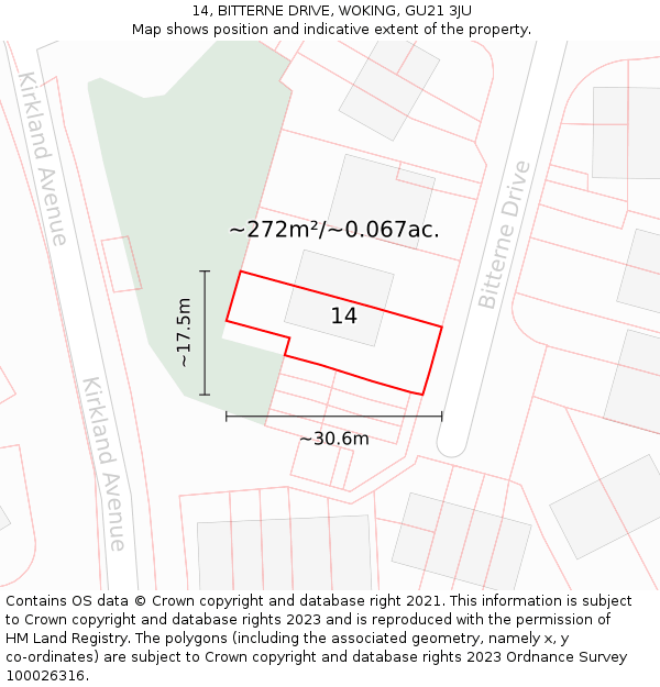 14, BITTERNE DRIVE, WOKING, GU21 3JU: Plot and title map