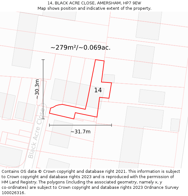 14, BLACK ACRE CLOSE, AMERSHAM, HP7 9EW: Plot and title map