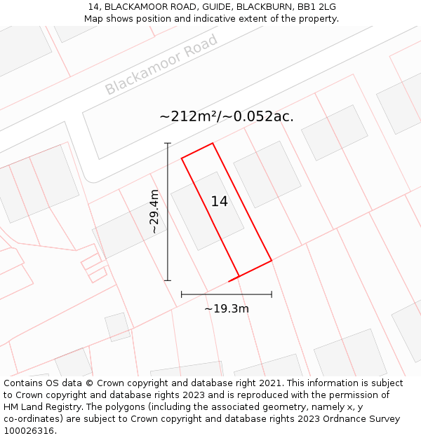 14, BLACKAMOOR ROAD, GUIDE, BLACKBURN, BB1 2LG: Plot and title map