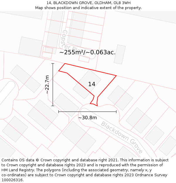 14, BLACKDOWN GROVE, OLDHAM, OL8 3WH: Plot and title map