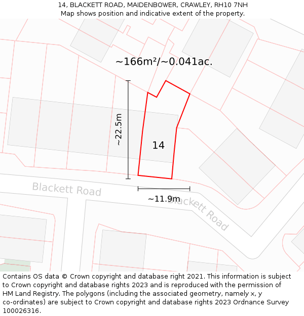 14, BLACKETT ROAD, MAIDENBOWER, CRAWLEY, RH10 7NH: Plot and title map