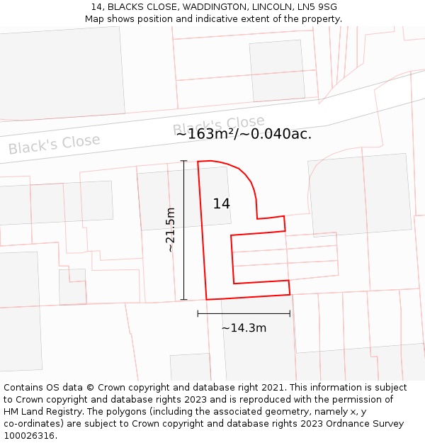14, BLACKS CLOSE, WADDINGTON, LINCOLN, LN5 9SG: Plot and title map