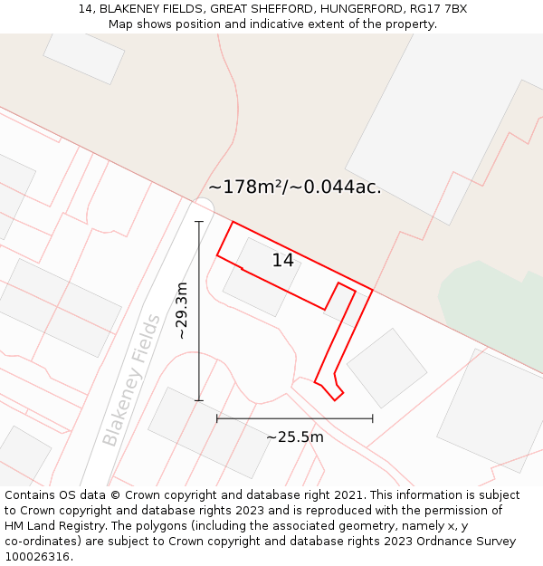 14, BLAKENEY FIELDS, GREAT SHEFFORD, HUNGERFORD, RG17 7BX: Plot and title map