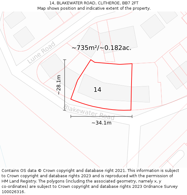 14, BLAKEWATER ROAD, CLITHEROE, BB7 2FT: Plot and title map