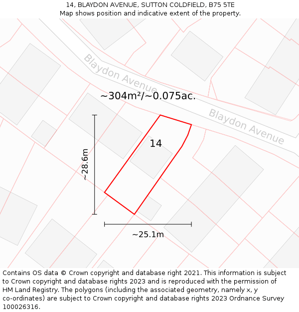 14, BLAYDON AVENUE, SUTTON COLDFIELD, B75 5TE: Plot and title map