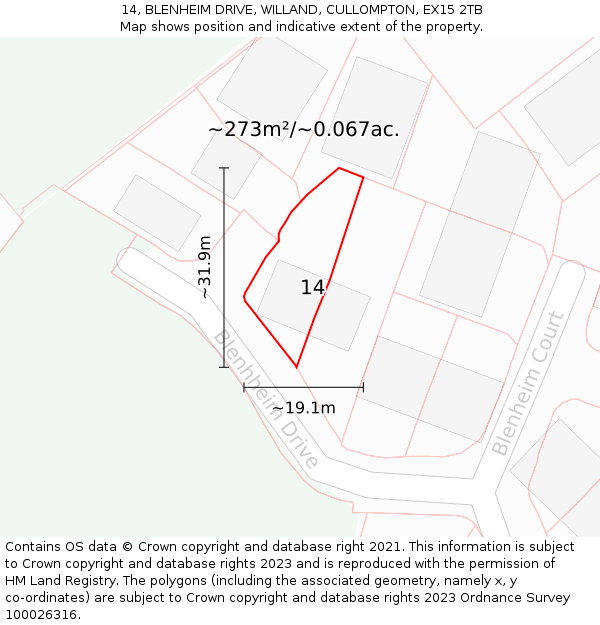 14, BLENHEIM DRIVE, WILLAND, CULLOMPTON, EX15 2TB: Plot and title map