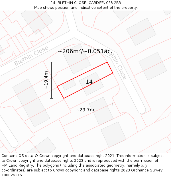 14, BLETHIN CLOSE, CARDIFF, CF5 2RR: Plot and title map