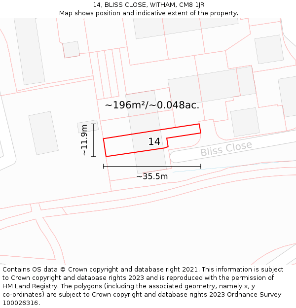 14, BLISS CLOSE, WITHAM, CM8 1JR: Plot and title map