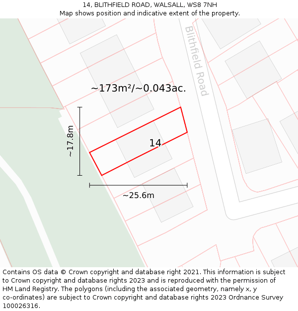 14, BLITHFIELD ROAD, WALSALL, WS8 7NH: Plot and title map