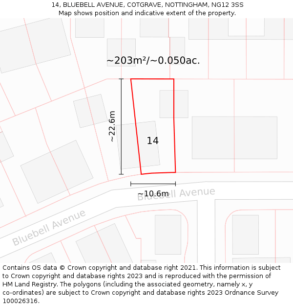 14, BLUEBELL AVENUE, COTGRAVE, NOTTINGHAM, NG12 3SS: Plot and title map