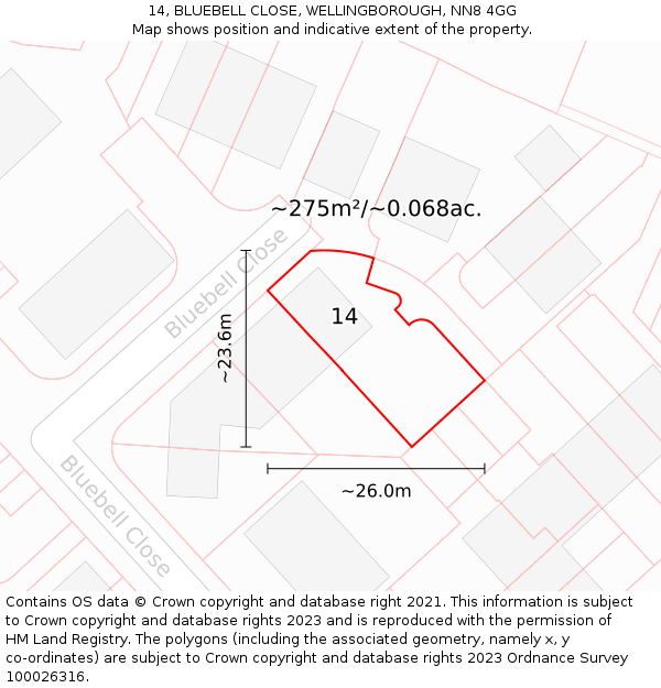 14, BLUEBELL CLOSE, WELLINGBOROUGH, NN8 4GG: Plot and title map