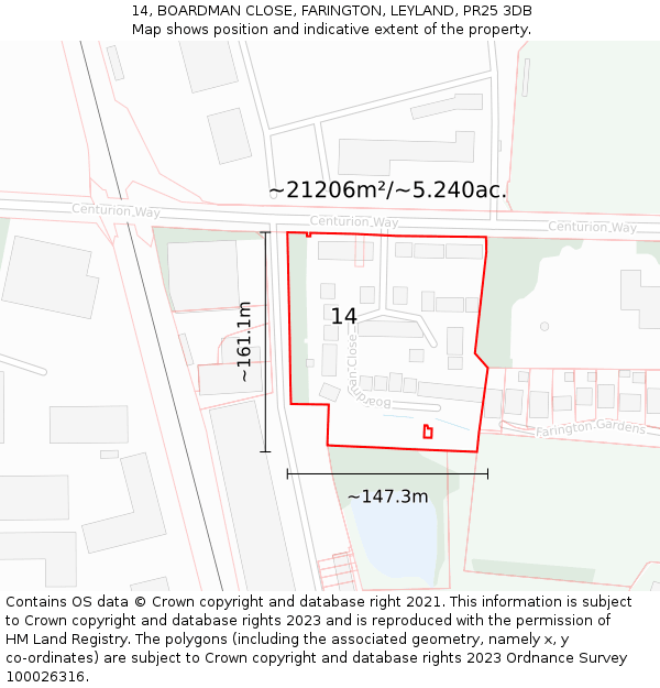 14, BOARDMAN CLOSE, FARINGTON, LEYLAND, PR25 3DB: Plot and title map